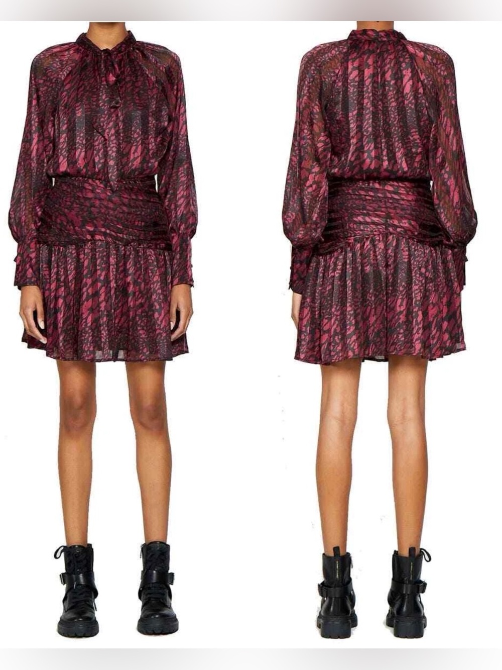 NWT Walter Baker Beth Leopard Print Ruffle Long Sleeve Mini Dress , size 0/XS